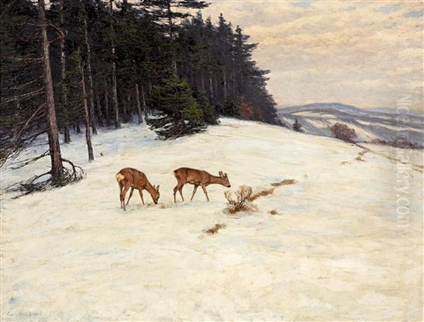 Asende Rehe Im Schnee Am Waldrand Oil Painting by Maximilian Klein Von Diepold