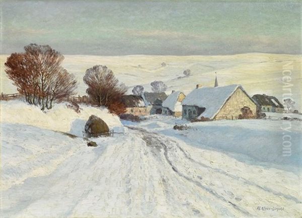 Kalter Wintertag. Blick Auf Ein Tief Verschneites Kirchdorf In Der Eifel Oil Painting by Maximilian Klein Von Diepold