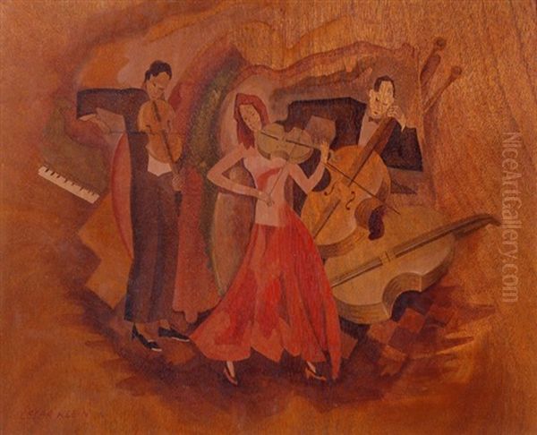 Musiker-trio (design For Inlay Work?) Oil Painting by Cesar Klein