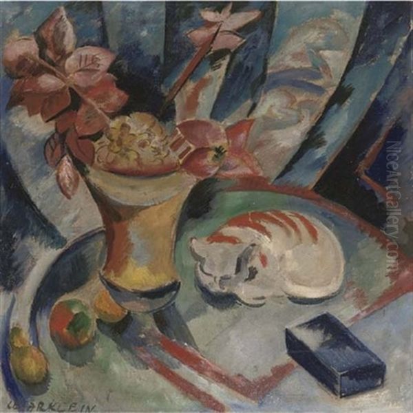 Still Life With Flowers And Cat Oil Painting by Cesar Klein