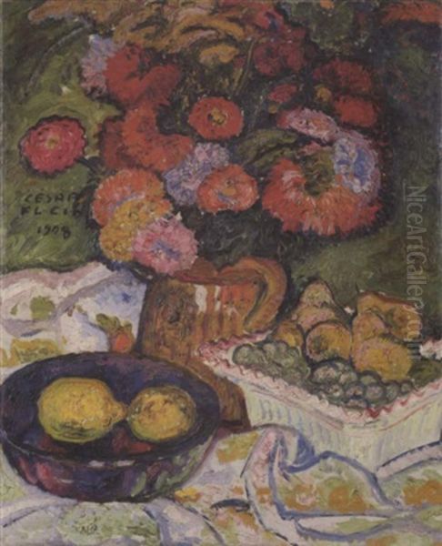 Stilleben Mit Blumenvase Und Obstschalen Oil Painting by Cesar Klein