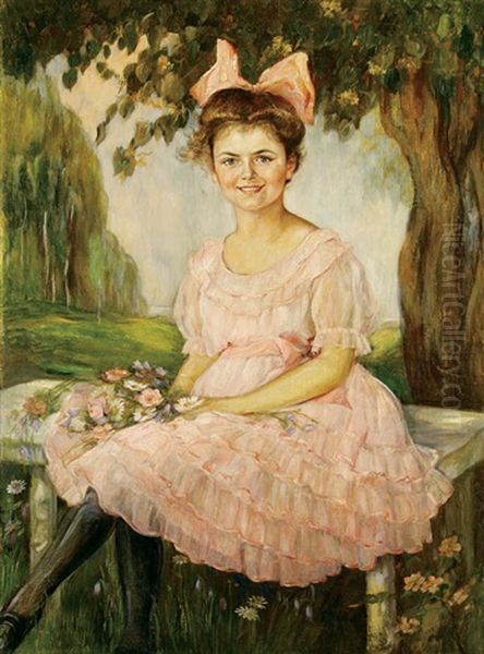 Portrait Of A Young Girl In Pink Dress Holding Flowers Oil Painting by Friedrich Emil Klein