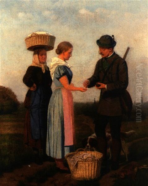 Sonntagsjager Erwirbt Von Einer Jungen Landfrau Einen Hasen Oil Painting by Friedrich Emil Klein