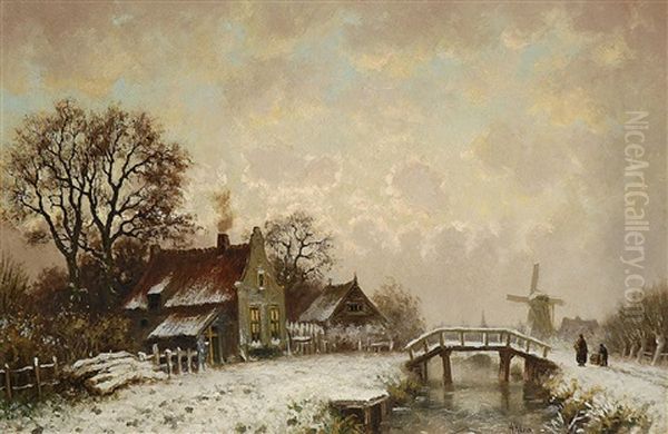 Winterlandschaft Mit Hausern Und Windmuhle Am Bach Oil Painting by Hugo Klein