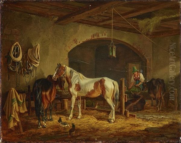 A Brown And A Piebald Horse In The Shed Oil Painting by Johann Adam Klein