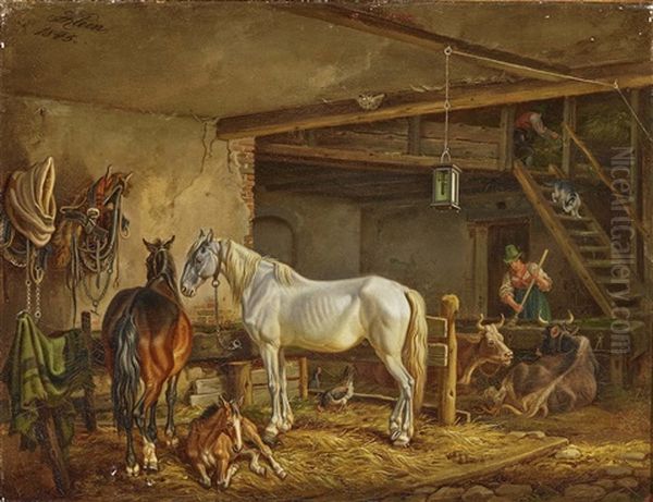 A Brown Horse With Foal And A Grey Horse In The Stable Oil Painting by Johann Adam Klein