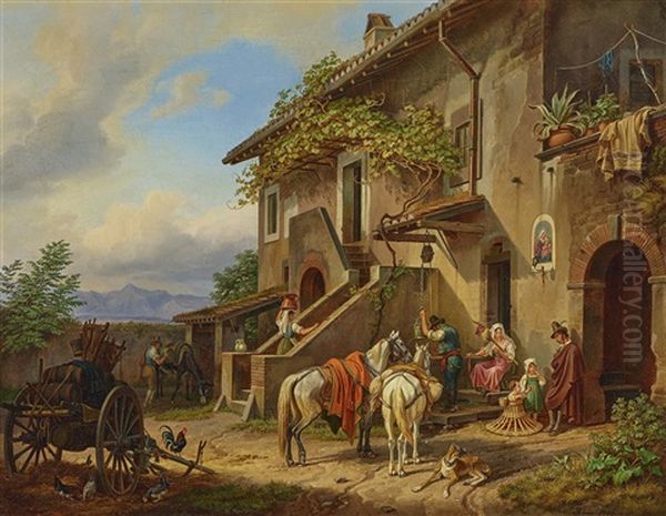 In Front Of An Italian Inn Oil Painting by Johann Adam Klein