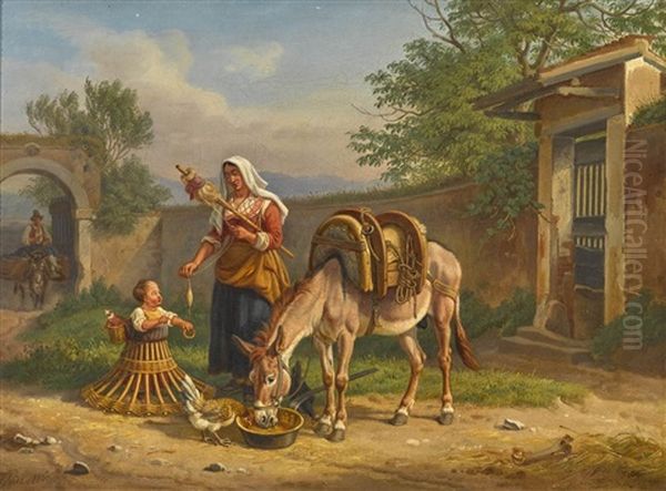 Italienische Bauerin Mit Spinnrocken Bei Ihrem Kleinen Kind Mit Laufgestell Im Hof Des Bauernhauses Oil Painting by Johann Adam Klein