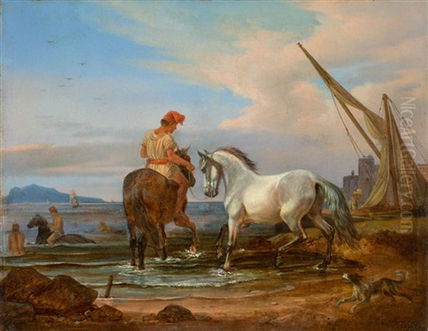 Horses' Watering Place Near Naples Oil Painting by Johann Adam Klein