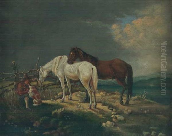 Zwei Pferde Auf Der Weide Oil Painting by Johann Adam Klein