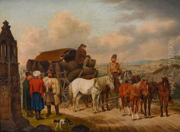 Halt Eines Siebenspannigen Walachischen Frachtwagens Bei Einem Bildstock Oil Painting by Johann Adam Klein