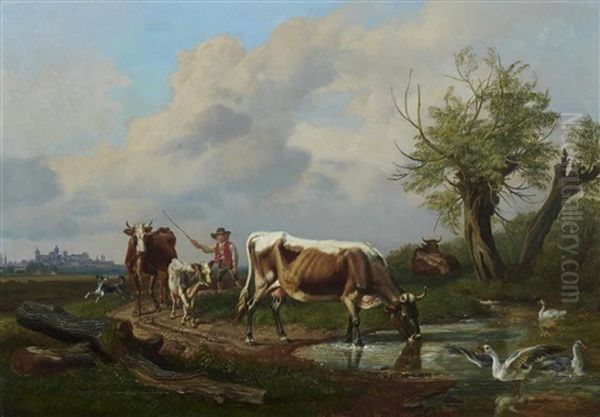 Hirte Mit Rindern Auf Dem Weg Zur Tranke Oil Painting by Johann Adam Klein