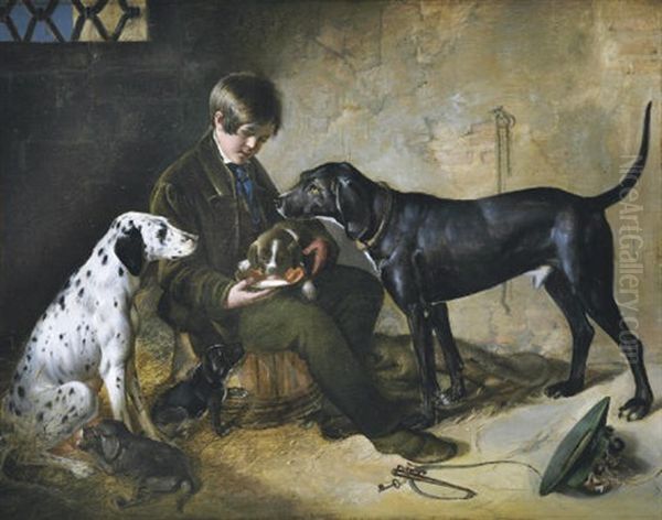 A Boy's Best Friends Oil Painting by Johann Adam Klein