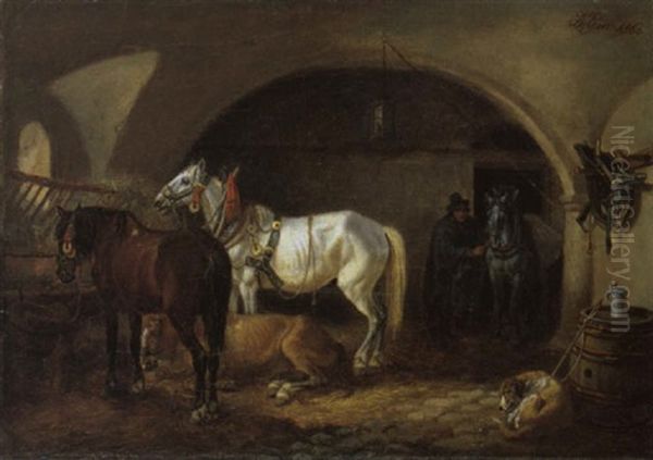 Pferde An Der Krippe Oil Painting by Johann Adam Klein