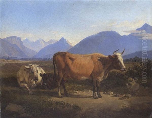 Drei Kuhe In Oberbayerischer Landschaft Oil Painting by Johann Adam Klein