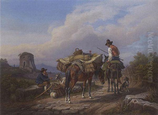 Italienischer Bauer Mit Bepacktem Pferd Auf Einem Feldweg, Im Hintergrund Turmruine Oil Painting by Johann Adam Klein