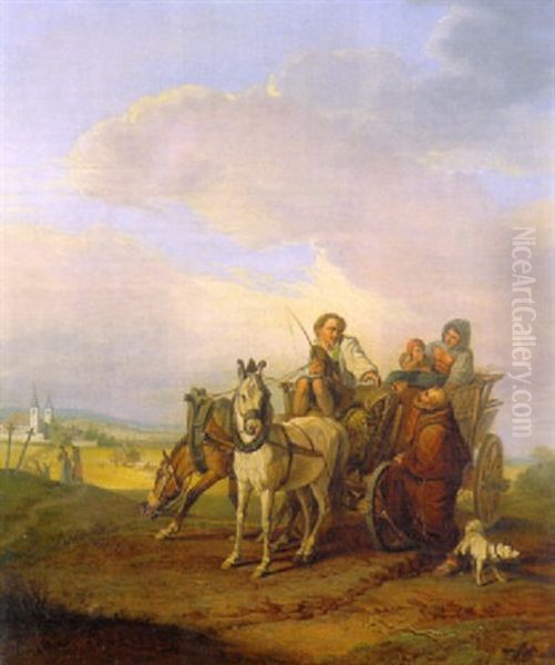 Bauerliche Familie Mit Pferdewagen Nimmt Einen Monch Zur Weiterfahrt Mit Oil Painting by Johann Adam Klein