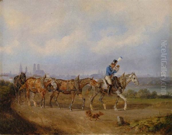 Postillion Mit Seinen Vier Pferden Auf Dem Heimweg, Im Hintergrund Die Silhouette Von Munchen Oil Painting by Johann Adam Klein