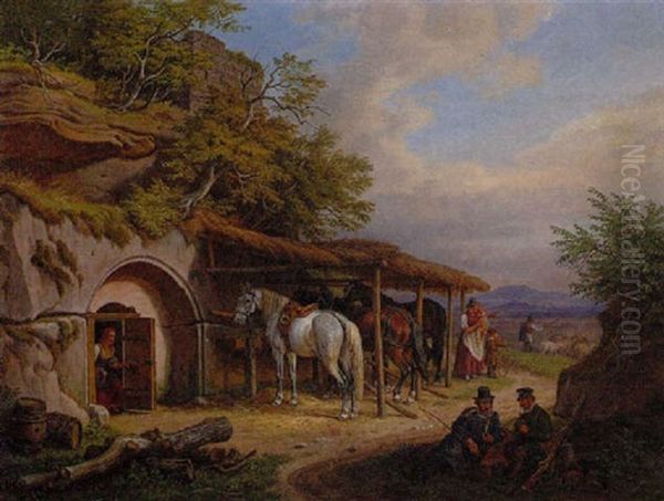 Rast Am Felsenkeller, Postbote Und Kutscher Lagern Rechts Am Felsen Oil Painting by Johann Adam Klein