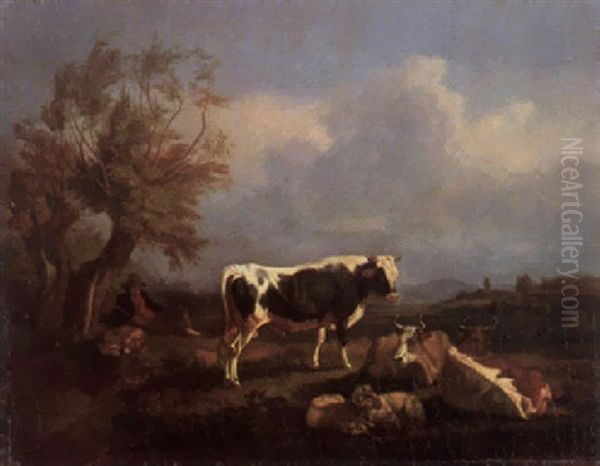 Hirte Mit Hund, Kuhen Und Schafen Vor Hugellandschaft Mit Einer Burg In Der Ferne Oil Painting by Johann Adam Klein