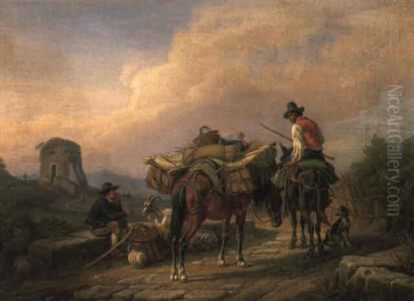 Italian Countryfolk Resting On The Way To The Market Oil Painting by Johann Adam Klein