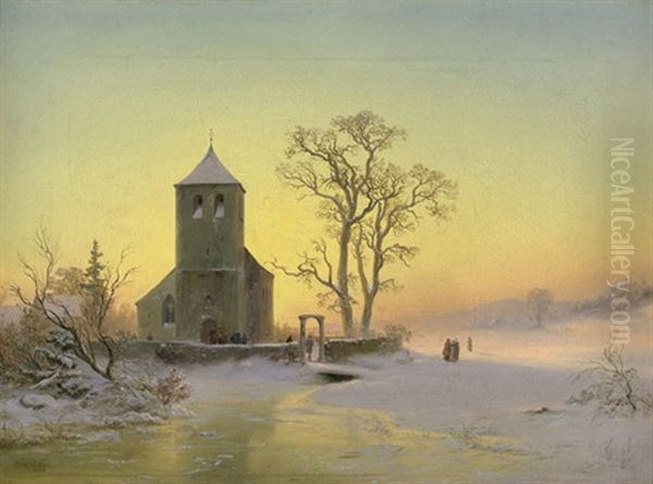 Abendliche Winterlandschaft Mit Romanischer Kirche Oil Painting by Wilhelm Klein