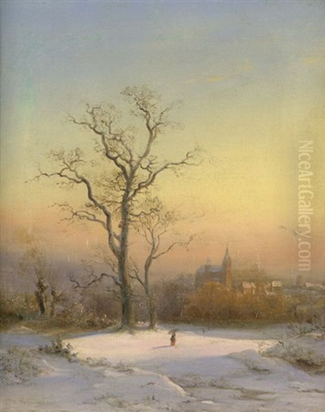 Winterlandschaft Bei Sonnenaufgang, Im Hintergrund Eine Gotische Dorfkirche Oil Painting by Wilhelm Klein