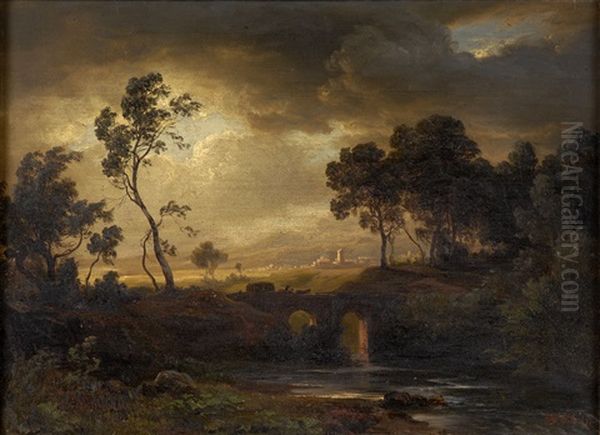 Fluslandschaft Mit Reiter, Im Hintergrund Stadtansicht Oil Painting by Wilhelm Klein