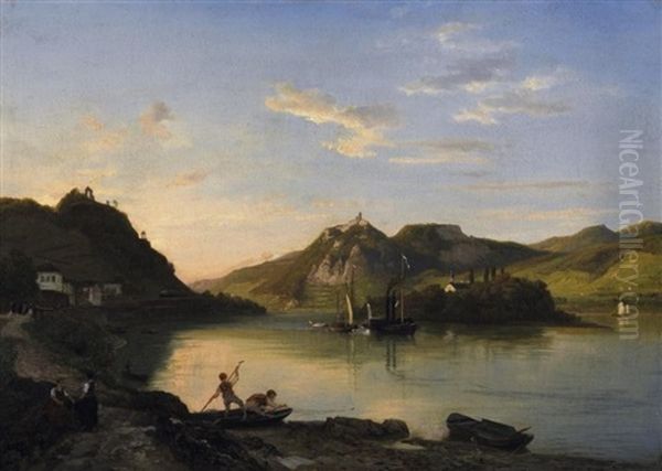 Abendstimmung Vor Der Insel Nonnenwerth Am Rhein. Am Wasser Fischerjungen In Ihren Booten Oil Painting by Wilhelm Klein