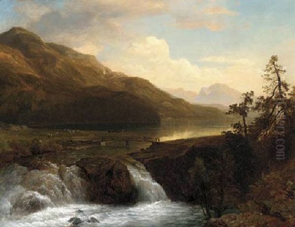 A Mountainous Lake Landscape With A Waterfall In The Foreground by Wilhelm Klein