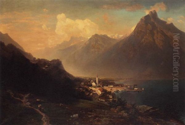 A Mountainous Lake Landscape With A Waterfall In The Foreground Oil Painting by Wilhelm Klein