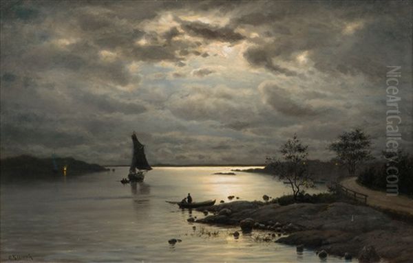 Moonlight Landscape Oil Painting by Oskar Conrad Kleineh