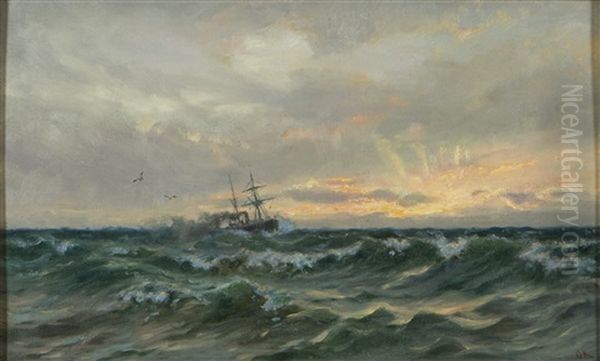 Steam Ship Oil Painting by Oskar Conrad Kleineh