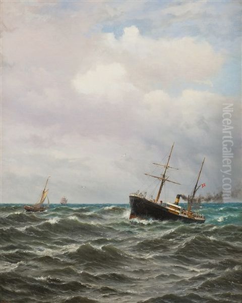 Ships At Sea Oil Painting by Oskar Conrad Kleineh