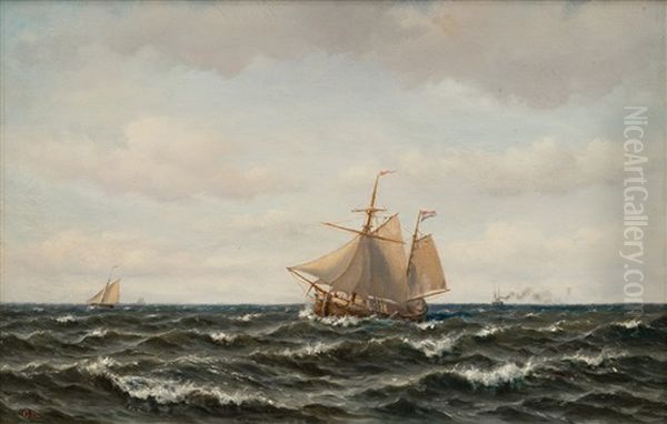 Ships At Sea Oil Painting by Oskar Conrad Kleineh