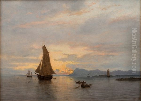 Evening Dusk In The Bay Oil Painting by Oskar Conrad Kleineh