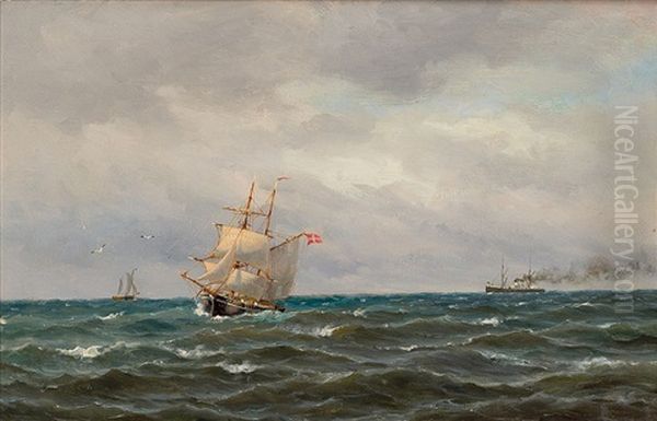 Vessels At Sea Oil Painting by Oskar Conrad Kleineh