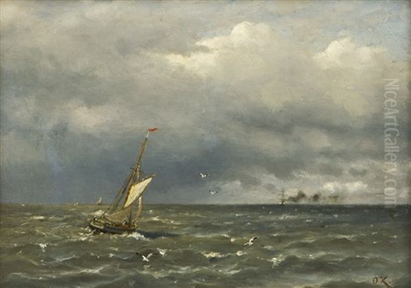 Fishing Boat At Sea Oil Painting by Oskar Conrad Kleineh