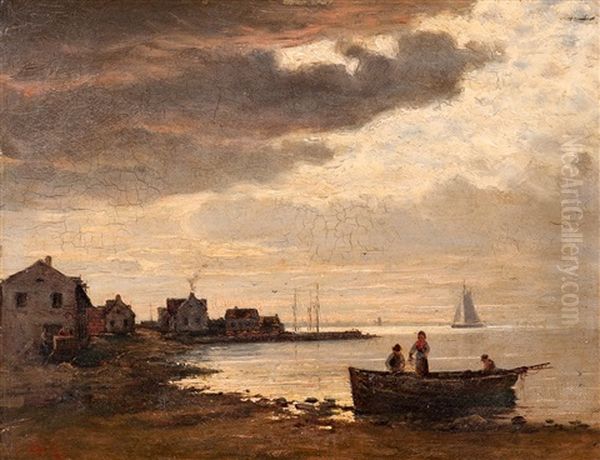 Dusk At The Fishing Village Oil Painting by Oskar Conrad Kleineh