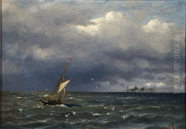 Fishing Boat At The Sea Oil Painting by Oskar Conrad Kleineh