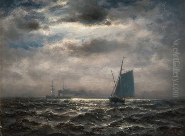 Ships In Moonlight Oil Painting by Oskar Conrad Kleineh