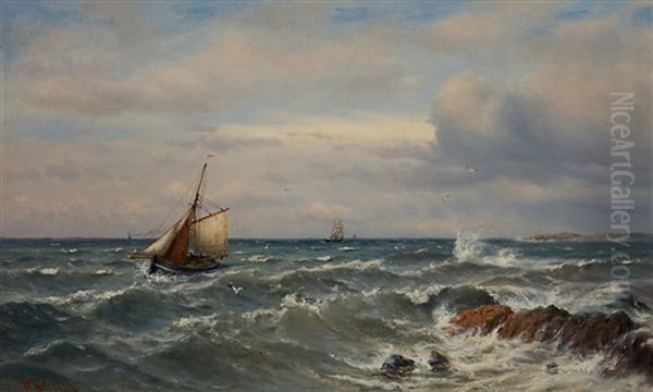 Fishing Boat In A Fresh Breeze Oil Painting by Oskar Conrad Kleineh