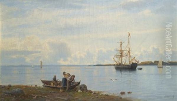 Ships In A Bay Oil Painting by Oskar Conrad Kleineh