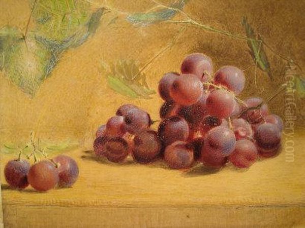 A Still Life Of Red Grapes And Vine Leaves On A Ledge Oil Painting by Frederick Thomas Baynes