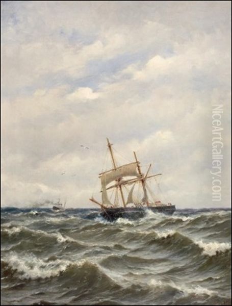 Laivoja Myrskyisella Merella Oil Painting by Oskar Conrad Kleineh