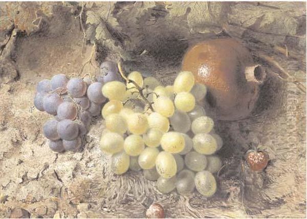 Still Life Of White And Red Grapes, A Pomegranate And Strawberries On A Mossy Bank Oil Painting by Frederick Thomas Baynes