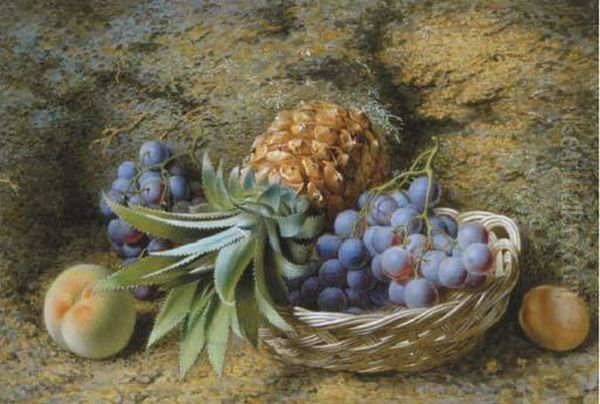 A Pineapple And Grapes In A Basket With Peaches On A Mossybank Oil Painting by Frederick Thomas Baynes