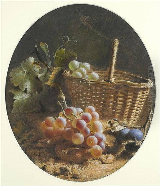 Grapeswith Wicker Basket On A Woodland Bank Oil Painting by Frederick Thomas Baynes