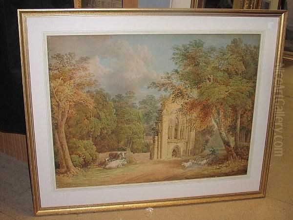 Abbey Ruins With A Shepherd And His Flock Of Sheep Oil Painting by James Baynes