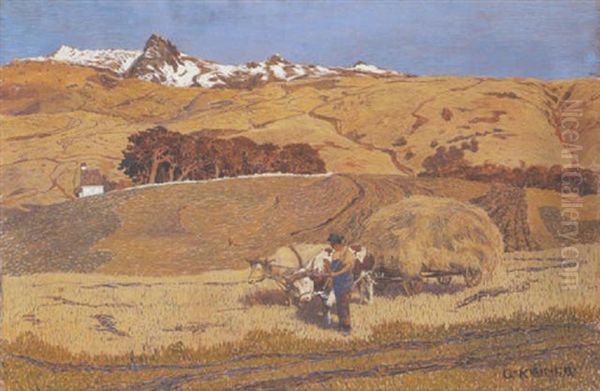 Osterreichische Landschaft Mit Bauern Bei Der Ernte Oil Painting by Oskar Von Kleiner